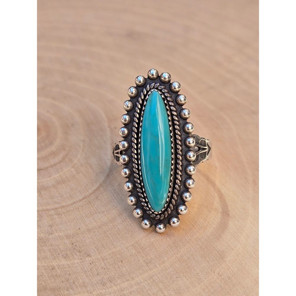 Vintage Navajo Fred Harvey Era 925 Sterling Silver Elongated Turquoise Ring, 7 - Picture 5 of 9